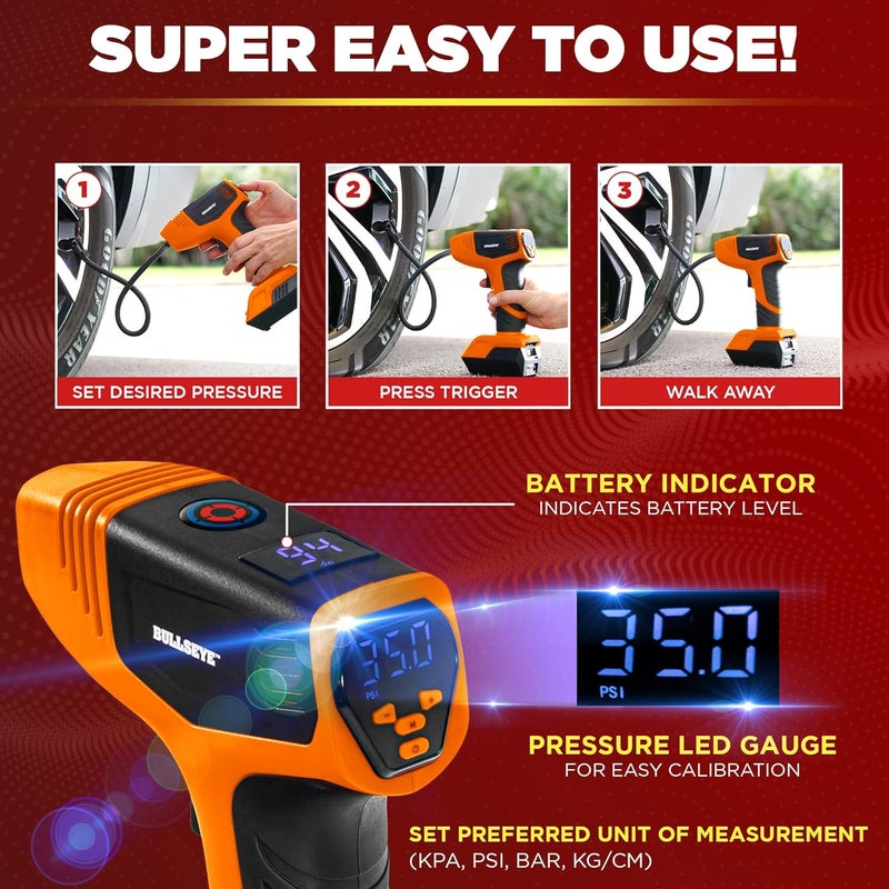 Emson Bullseye Pro ASON TV Digital Tire Inflator Automatic 150 PSI w/Gauge Display Screen & Pre-set Pressure in KPA,PSI,BAR,Kg/cm,Built-in LED Lights,Rechargeable,Air Compressor,Car Tire Pump,Orange - Image 4